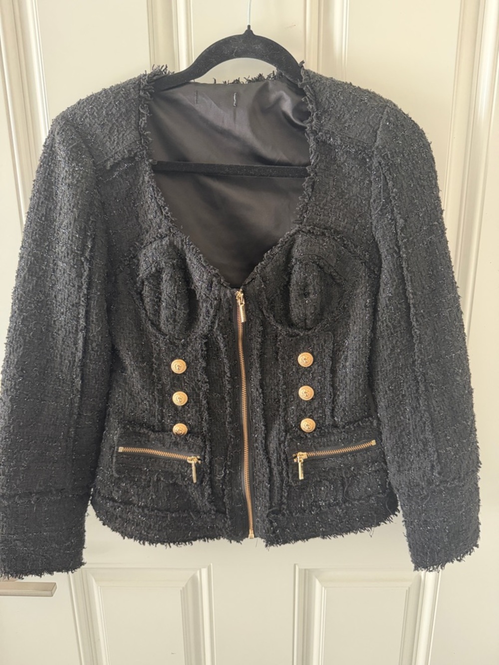bebe Black Textured Tweed Jacket with Gold Buttons